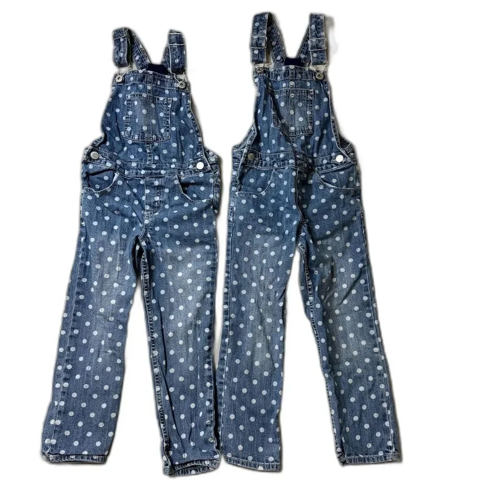 OshKosh Overalls Twin Set of 2 Girls 5 Denim Polka Dot Matching Cute Jeans